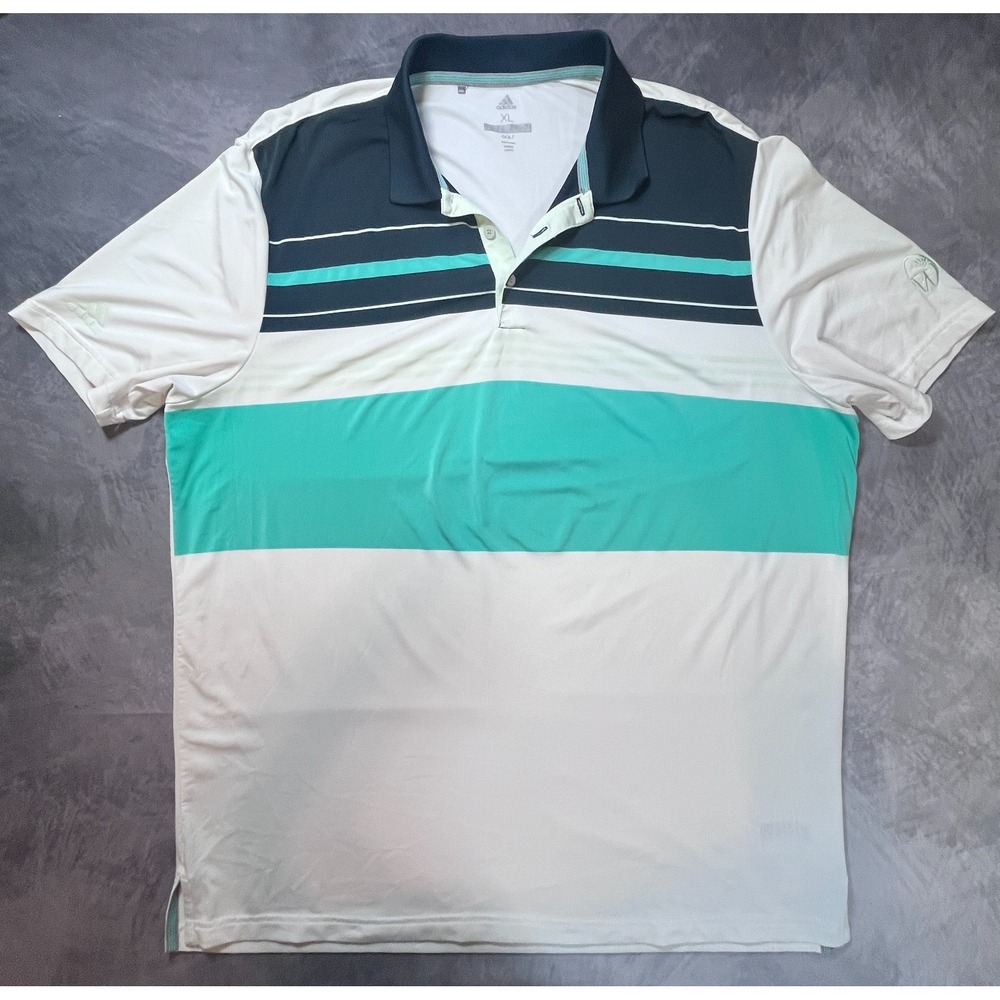 Adidas Golf Polo Shirt Mens XL White Striped Stretch Short Sleeve Tennis Top